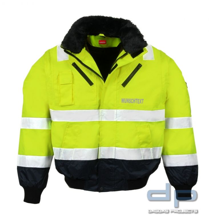 Multifunktionale Pilotenwarnschutzjacke EN 20471 und EN 343 neongelb/marine mit Wunschaufdruck