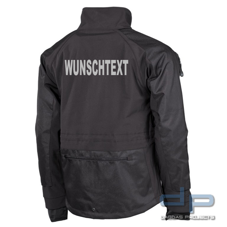 Behörden Soft Shell Jacke, schwarz mit Wunschaufdruck in reflex silber