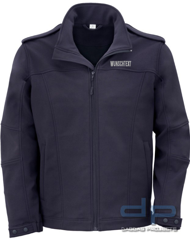 Herren SOFTSHELL-BLOUSON in Schwarzblau mit Wunschaufdruck auf Brust und Rücken