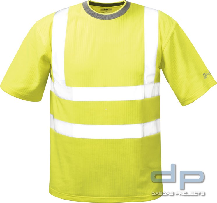 T-Shirts Mischgewebe in Gelb mit Wunschtext auf Brust und Rücken in Reflex Silber