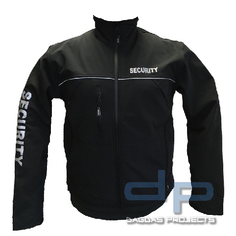 Security Softshell Jacke schwarz mit 3 Fach Sonderdruck in Reflex silber