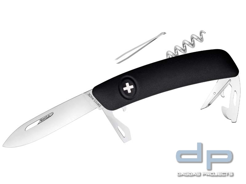 SWIZA Schweizer Messer D03, schwarze Anti-Rutsch-Griffschalen, 11 Funktionen, Blister