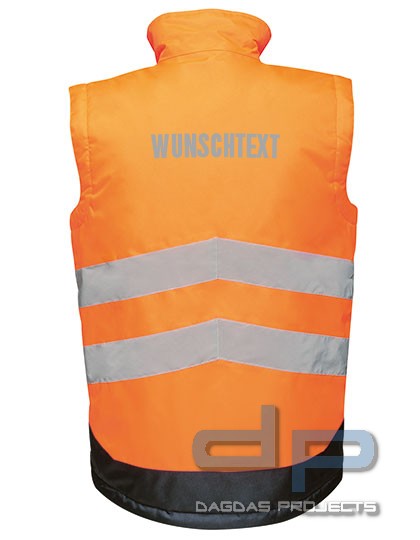 Hi-Vis Pro Bodywarmer mit Wunschtext auf Brust und Rücken in Silber Reflex
