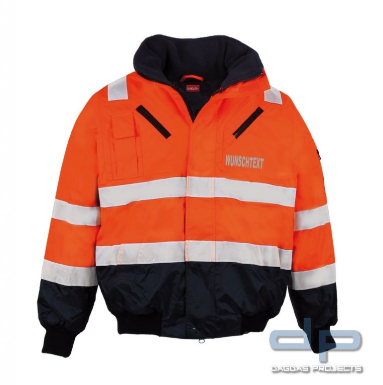 Pilotenwarnschutzjacke nach EN 20471 und EN 343 Warnorange/Marine mit Wunschaufdruck