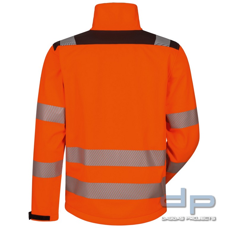 WARNSCHUTZ-SOFTSHELLJACKE in fluoreszierend orange/schwarz abgesetzt mit Wunschdruck auf Brsut und R