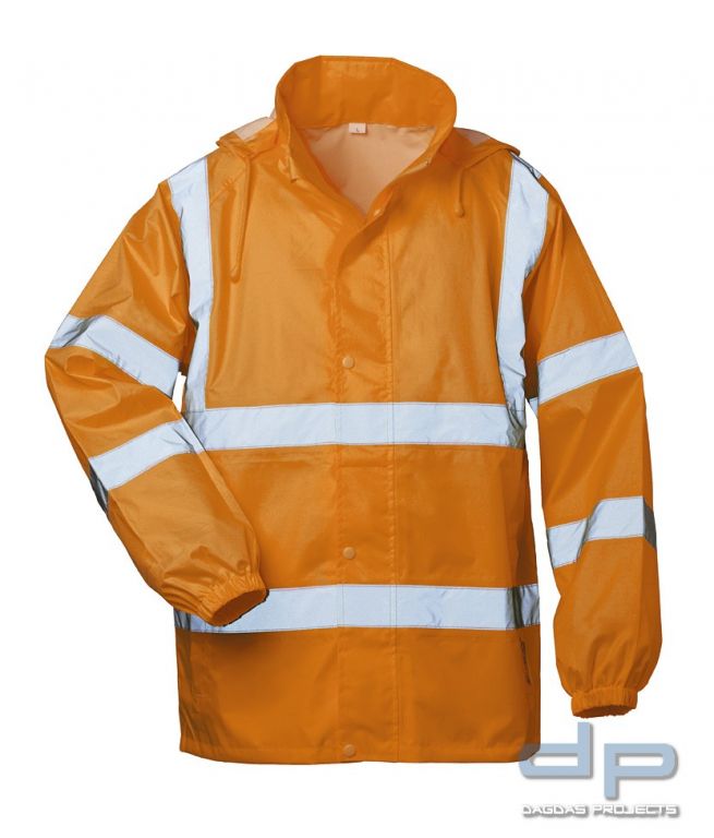 Warnschutz Regen-Jacke mit Kapuze mit Aufdruck nach Wunsch in reflex-silber in Orange
