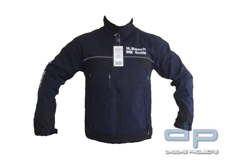 Behörden Softshell Jacke blau/schwarz mit Sonderlogo DRK und Wunschtext