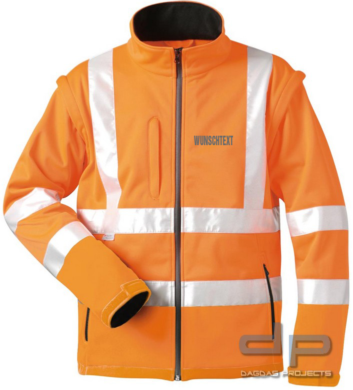 WARNSCHUTZ-SOFTSHELLJACKE in Orange mit Wunschtext auf Brust und Rücken in Reflex Silber