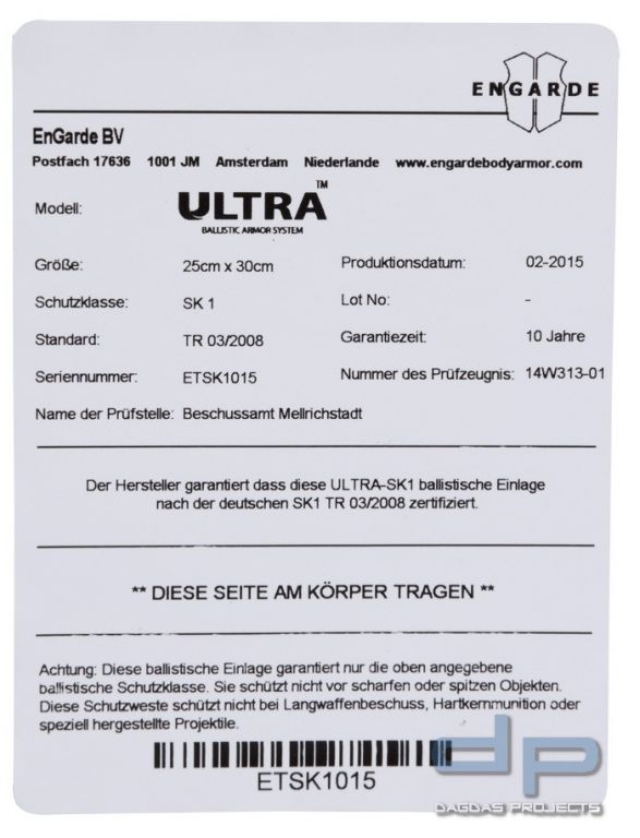 SK1 Weichballistik in Schutzplattengröße 25x30 cm