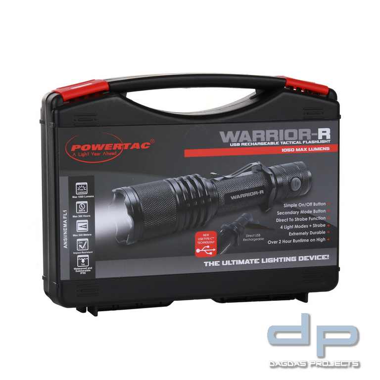 PowerTac tactical flashlight Warrior-R USB rechargeable Kit