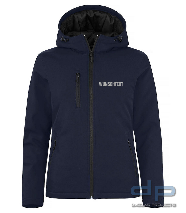 Behörden Padded Softshelljacke mit Kapuze Damen mit Audruck nach Wunsch auf Brust u. Rücken Größe XL