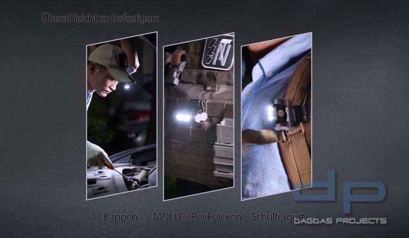 UL10 - LED- Cliplampe für Kappen, Molle, Rucksäcke, Koppel, Gürtel, 65 Lumen