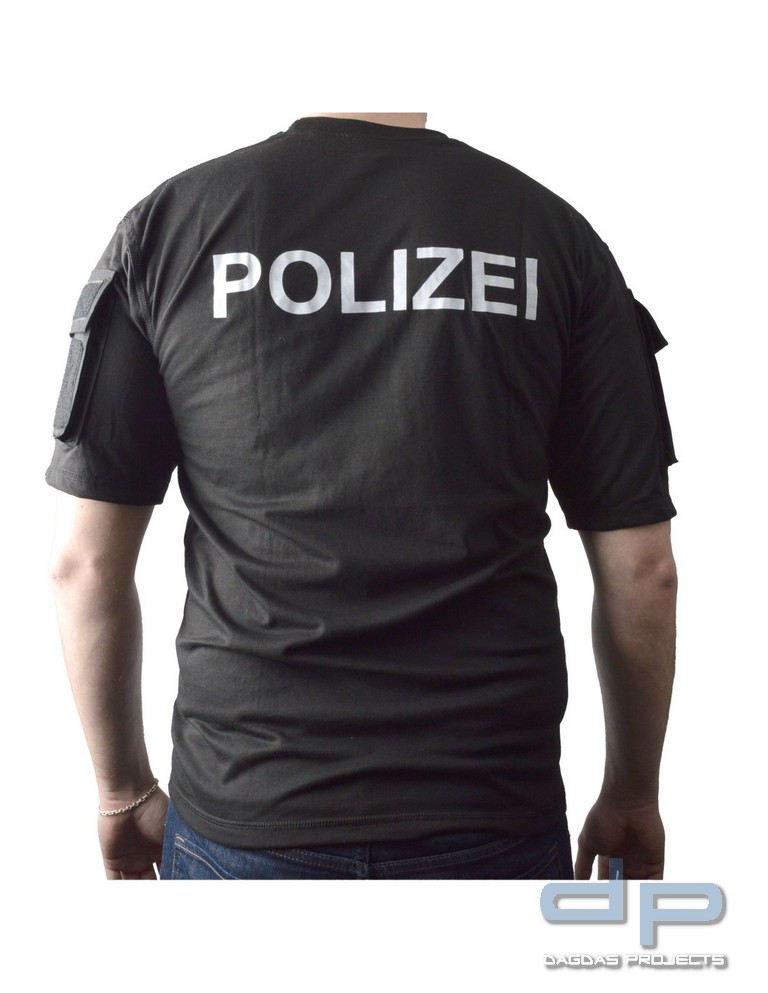 T-Shirt mit Druck POLIZEI, weiße Schrift, Ärmeltaschen mit Klett für Abzeichen