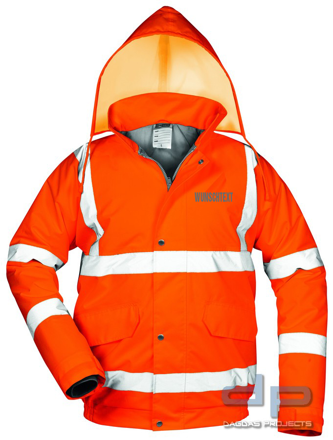 WARNSCHUTZ PILOTJACKE ORANGE mit Wunschtext auf Brust und Rücken in Reflex Silber