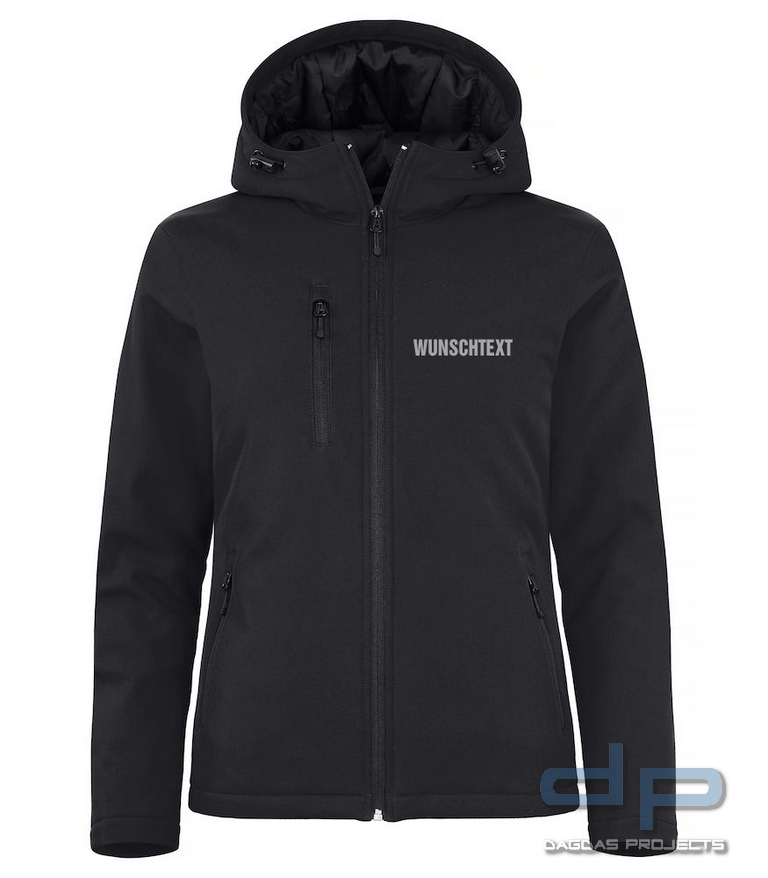 Behörden Padded Softshelljacke mit Kapuze Damen mit Audruck nach Wunsch auf Brust u. Rücken Größe XL