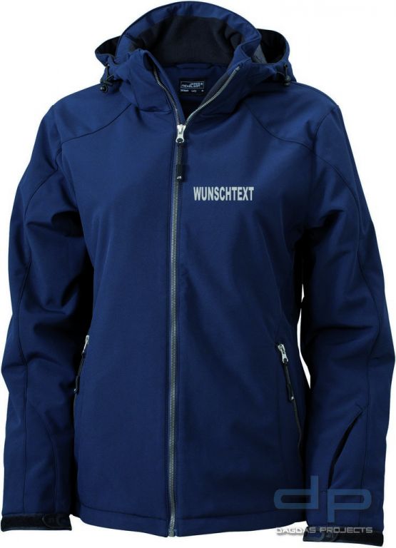 Damen Behörden Einsatz Softshelljacke in verschiedenen Farben mit silber reflektierendem Wunschtext