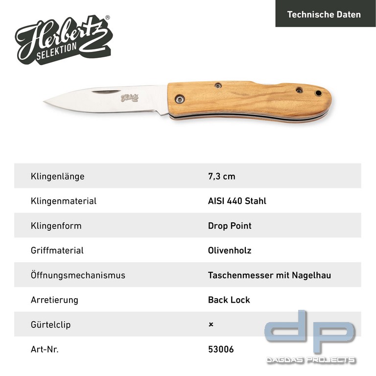 Taschenmesser Olivenholz mit einer Klinge aus satiniertem, rostfreiem AISI 440 Stahl