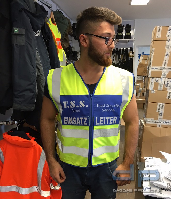ETZEL Behörden Signal-/Warnweste gelb/blau mit Aufdruck nach Wunsch in reflex silber inkl. Funktions