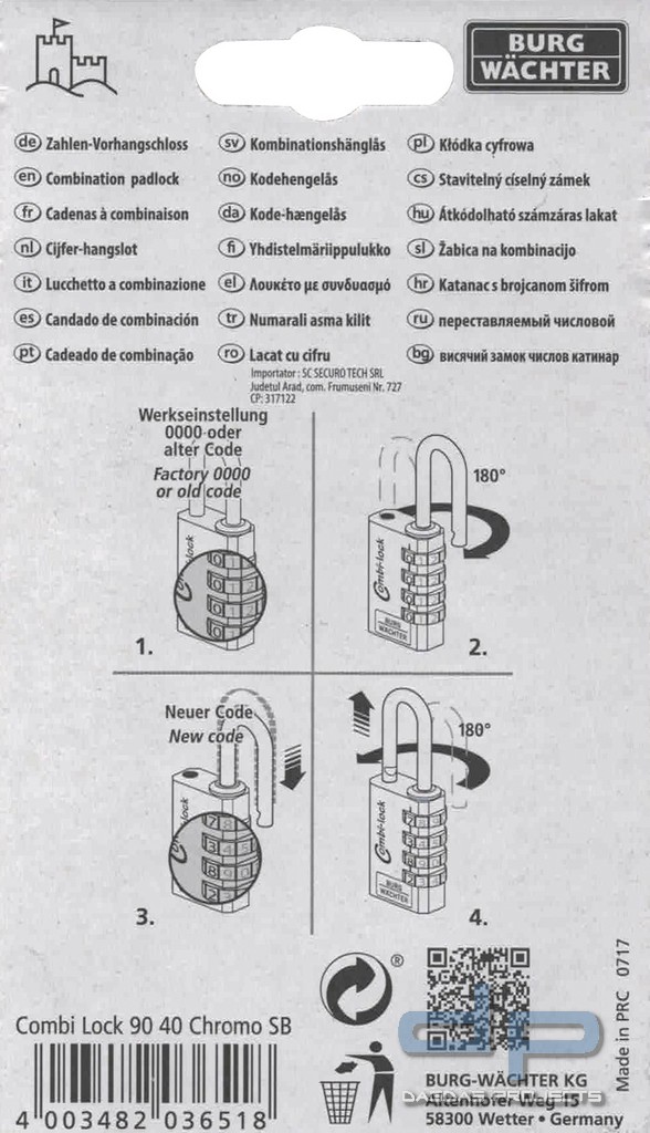 BURG-WÄCHTER ZAHLENSCHLOSS COMBI LOCK 90 40 CHROMO