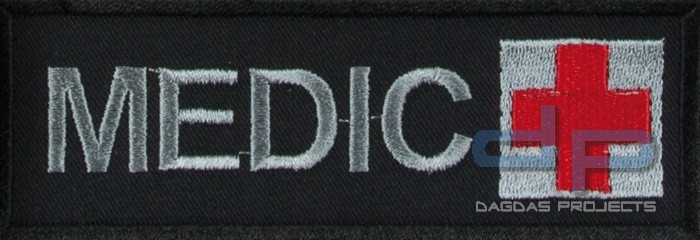 Schriftzug Medic mit Kreuz Schwarz/Grau/Rot auf Klett