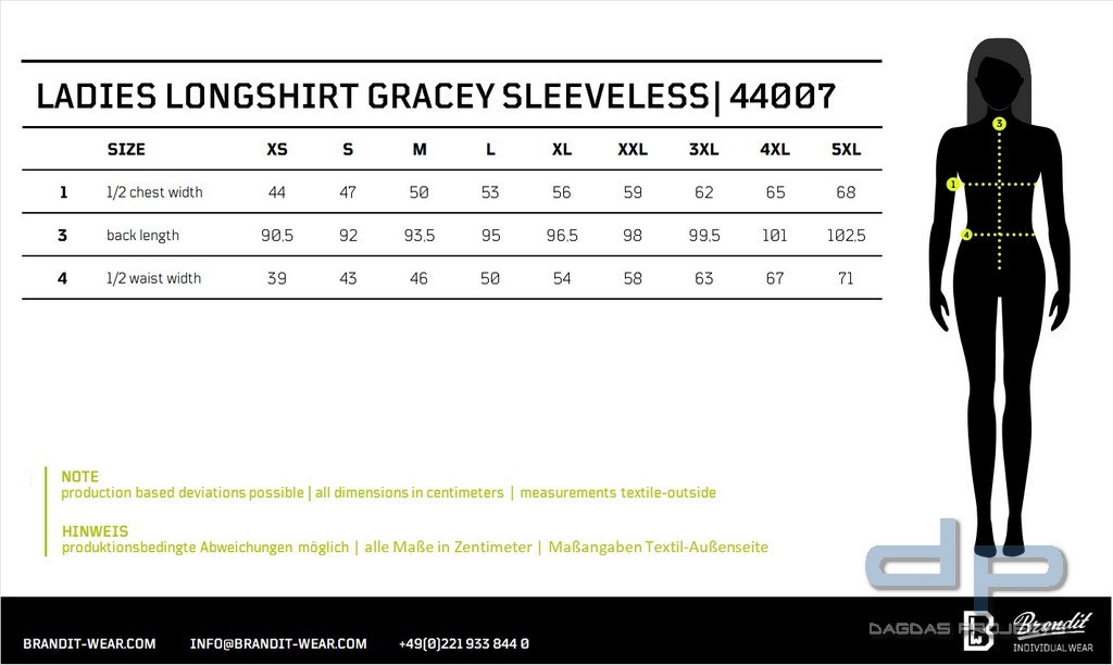 Ladies Longshirt Gracey sleeveless in verschiedenen Farben