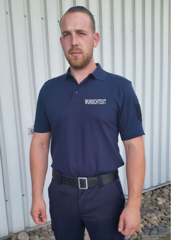 ETZEL Dienstpoloshirt unisex in Dunkelblau und Hellblau mit Wunschaufdruck in reflex silber