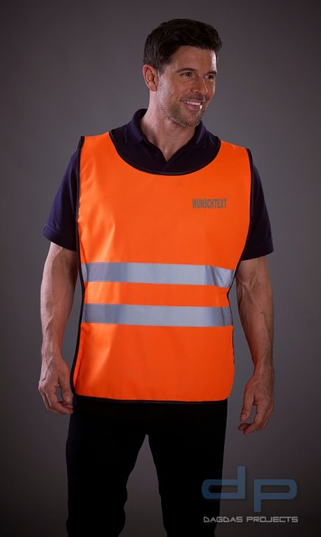 Hi Vis Tabard Weste in orange oder gelb mit Aufdruck nah Wunsch in reflex silber