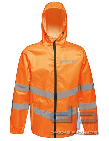 Hi-Vis Pro Packaway Jacket mit Wunschtext auf Brust und Rücken in Silber Reflex