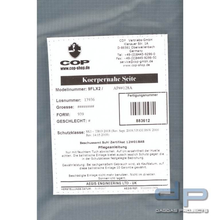COP® 939BAL Ballistische Einlage für 939 BAG2 - SK1