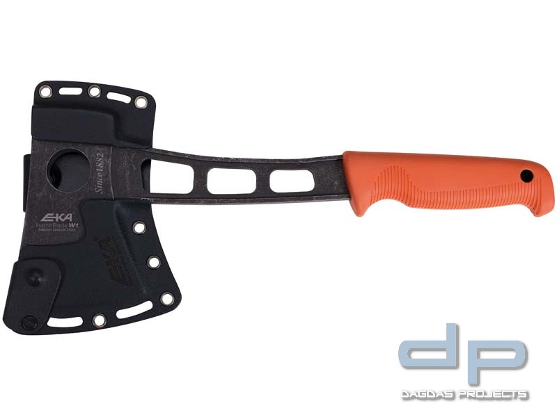 EKA HatchBlad W1 Beil, stonewashed, orangefarbener G10-Griff, Fangriemenöse, Kydex-Kopfscheide