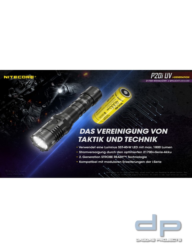 NiteCore® Taschenlampe P20i mit UV Licht - inkl. Akku und Holster