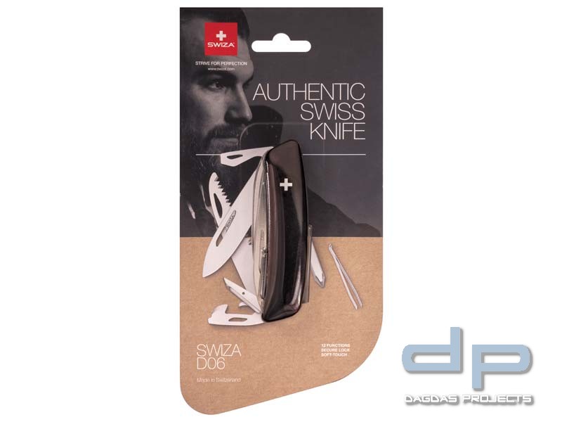 SWIZA Taschenmesser D06, Sicherheitsarretierung, schwarzer Anti-Rutsch-Griff, Säge + 10 Funktionen