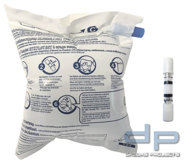 ACE Alkotest-Prüfröhrchen mit Ballon & NF-Zertifikat im DISPLAY (mit 25 einzeln verpackten Röhrchen)