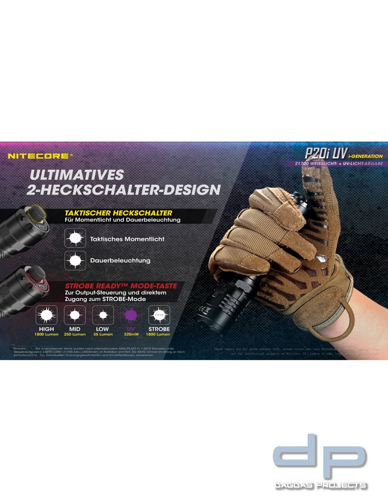 NiteCore® Taschenlampe P20i mit UV Licht - inkl. Akku und Holster