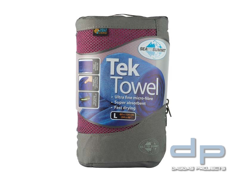 Sea to Summit TEK TOWEL L,pacific-blau, Aufhängeschlaufe, Druckknopf, Netzbeutel
