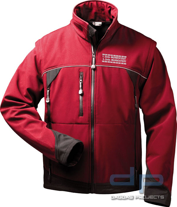 Behörden Softshell Jacke rot/schwarz mit 2 zeiligem Wunschtext und gestrichelter Umrandung