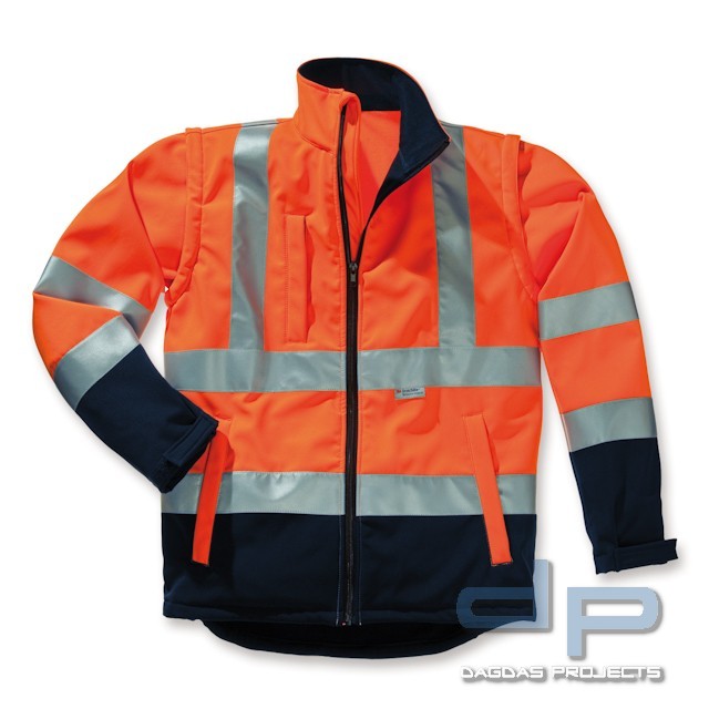 Behörden Warnschutz Softshelljacke orange oder gelb mit abnehmbaren Ärmeln und Wunschaufdruck