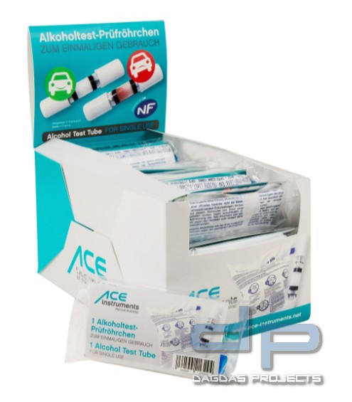 ACE Alkotest-Prüfröhrchen mit Ballon & NF-Zertifikat im DISPLAY (mit 25 einzeln verpackten Röhrchen)