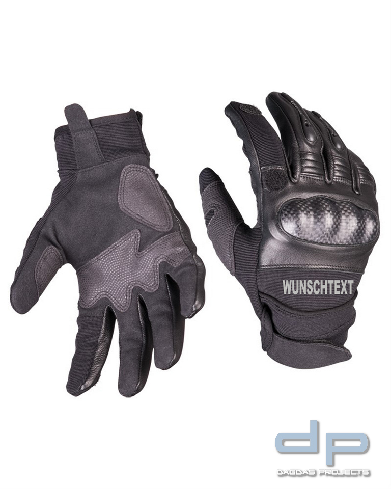 TACTICAL GLOVES GEN.II LEDER SCHWARZ mit Aufdruck nach Wunsch in 3 M reflex silber