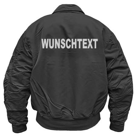 Jacke CWU schwarz mit Reflexaufdruck silber, mit Wunschtext