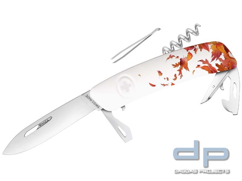 SWIZA Schweizer Messer D03 AUTUMN EDITION, Stahl 440, weisse Anti-Rutsch-Schalen, Herbst-Design, 11 