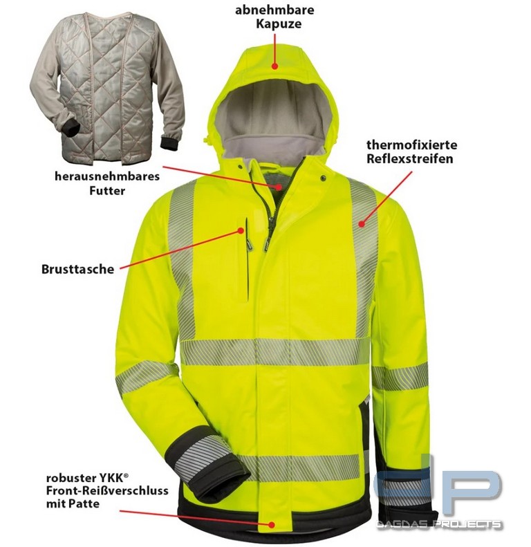 Warnschutz-Winter Softshell Jacke mit Kapuze und Wunschtext gelb