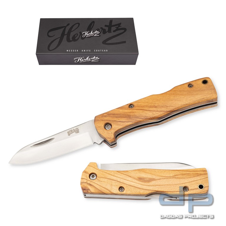 Taschenmesser mit schön gemaserten Heftschalen aus Olivenholz