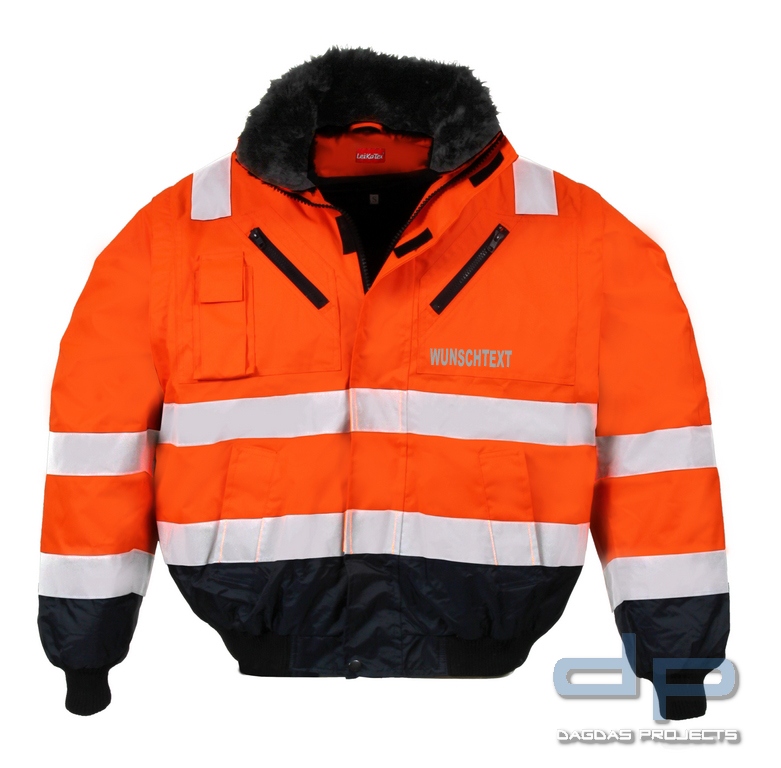 Multifunktionale Pilotenwarnschutzjacke EN 20471 und EN 343 warnorange/marine mit Wunschaufdruck