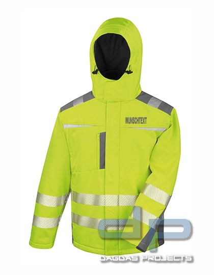 Warnschutz Softshell Jacke gelb oder orange mit Wunschaufdruck in reflex silber