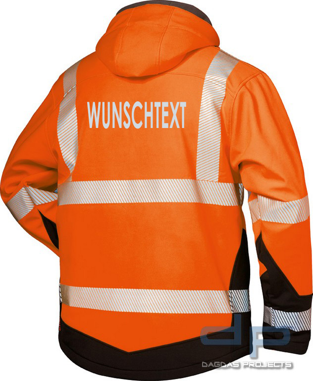 Warnschutz-Winter Softshell Jacke mit Kapuze und Wunschtext orange