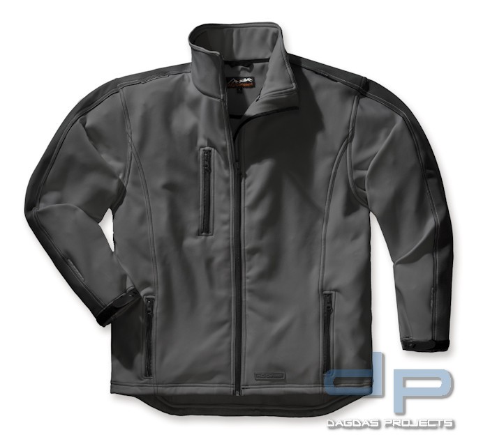 WORKPOWER SOFTSHELLJACKE in Anthrazit/Schwarz und Weiß/Grau mit Wunschaufdruck auf Brust und Rücken