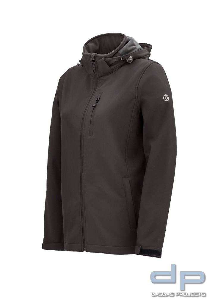 Damen Softshelljacke in Schwarz und Marine mit Aufdruck nach Wunsch auf Brust und Rücken