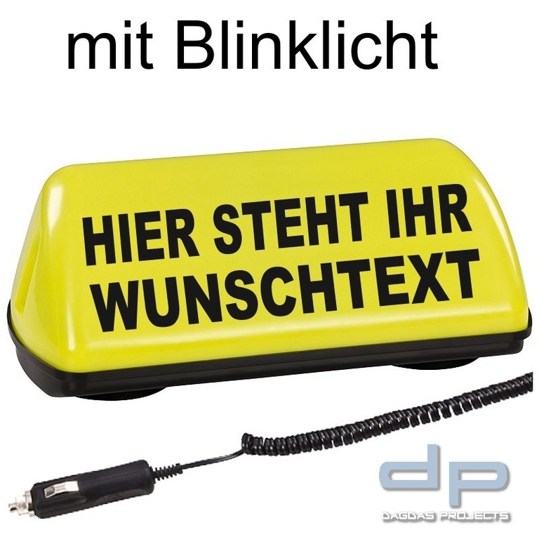 Dachschild SPEED Dachzeichen gelb mit Wunschtext - mit Blinklicht und Spiralkabel