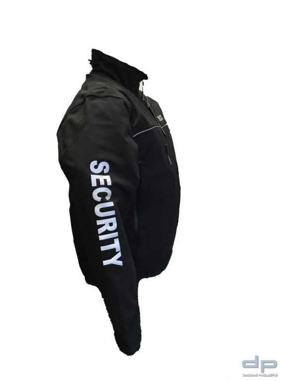 Security Softshell Jacke schwarz mit 3 Fach Sonderdruck in Reflex silber und gestrichelte Umrandung